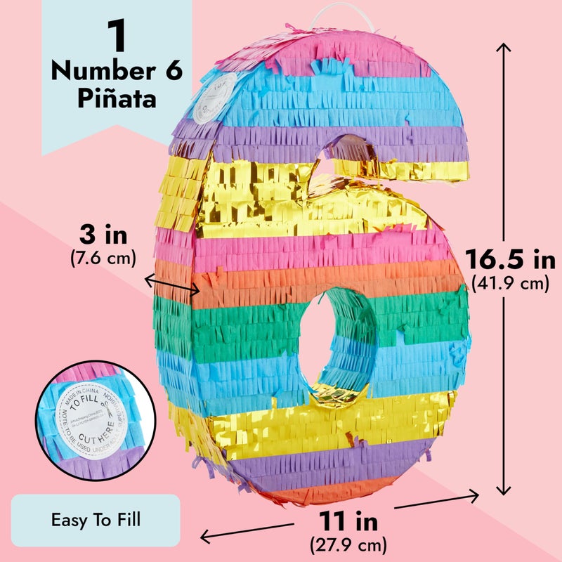 BLUE PANDA Rainbow Number 6 Pinata - Sturdy Corrugated Build & Easy Hang for Fiesta Party - Candy Filled 6th Birthday Party Surprise - Vibrant Tie-Dye Items for Kids - Small (16.5x11x3 In), Blue/White - Image 3